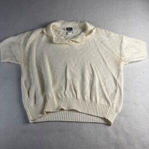 Keneth Too! Vintage Women XL Cream Pointelle Knit Polo Short Sleeve Sweater USA